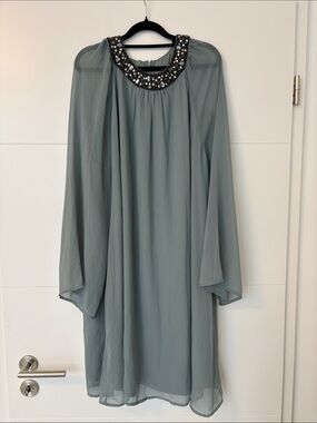 Beaded Neck Spa Blue Long-Sleeve Chiffon Dress Women’s 48/1X